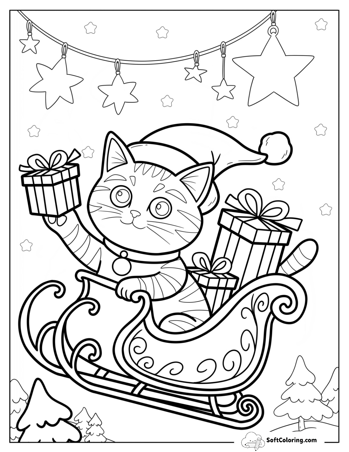 Christmas Cat Riding A Sleigh With Presents Under Twinkling Stars