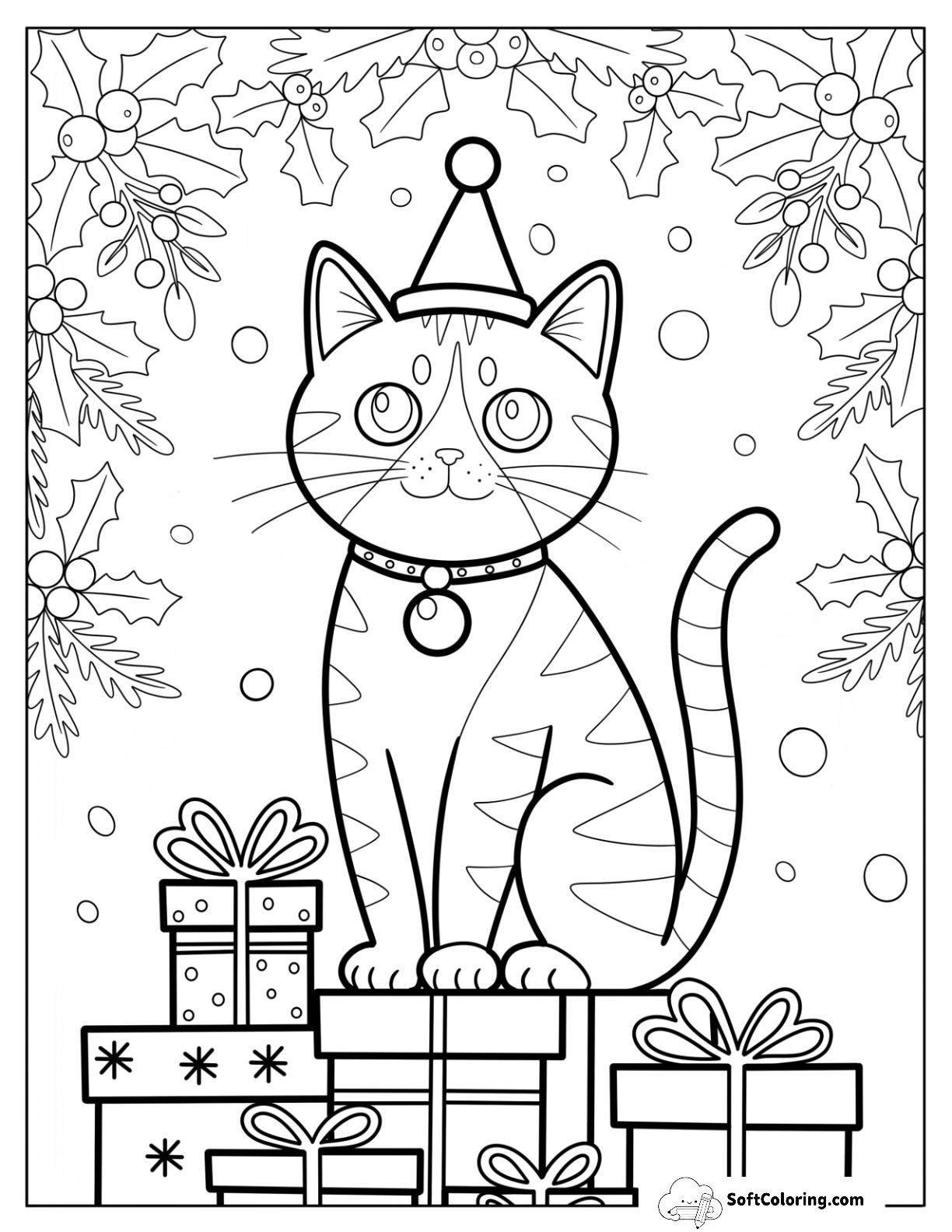 Christmas Cat Sitting On Presents With Holly Garland