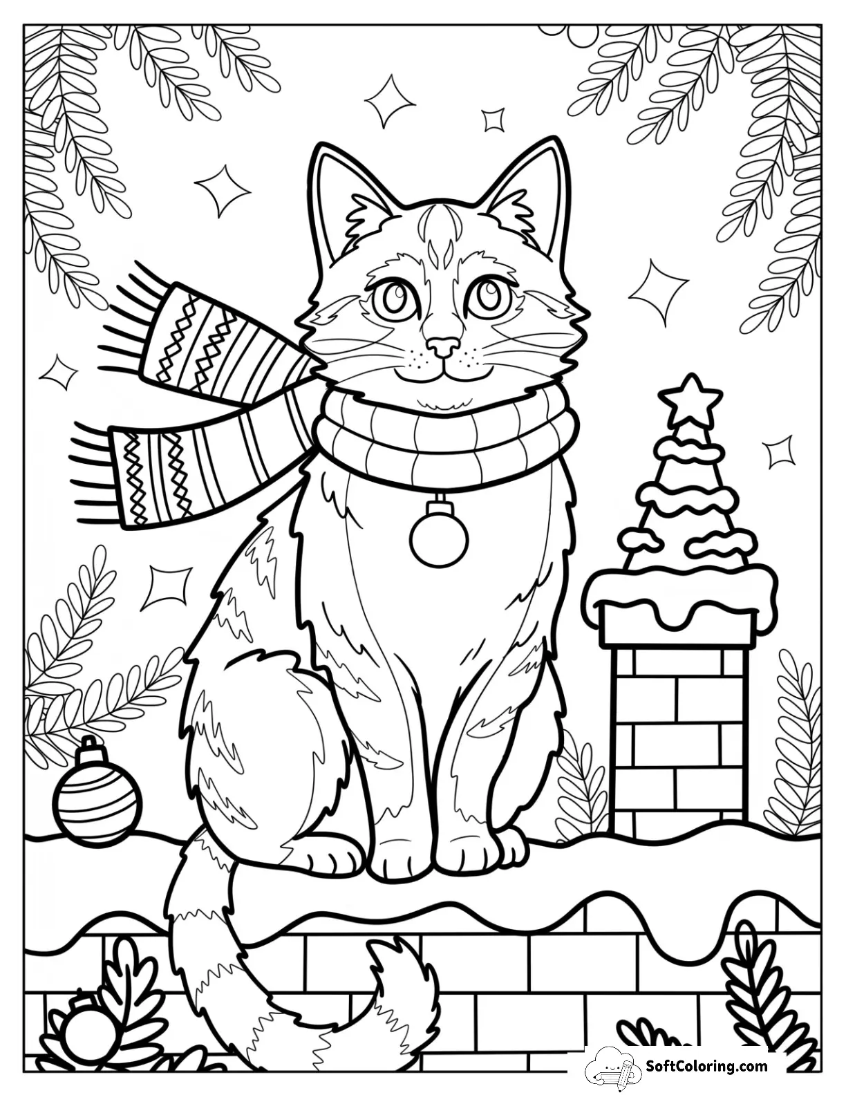 Christmas Cat Sitting On Snowy Rooftop With Scarf And Chimney