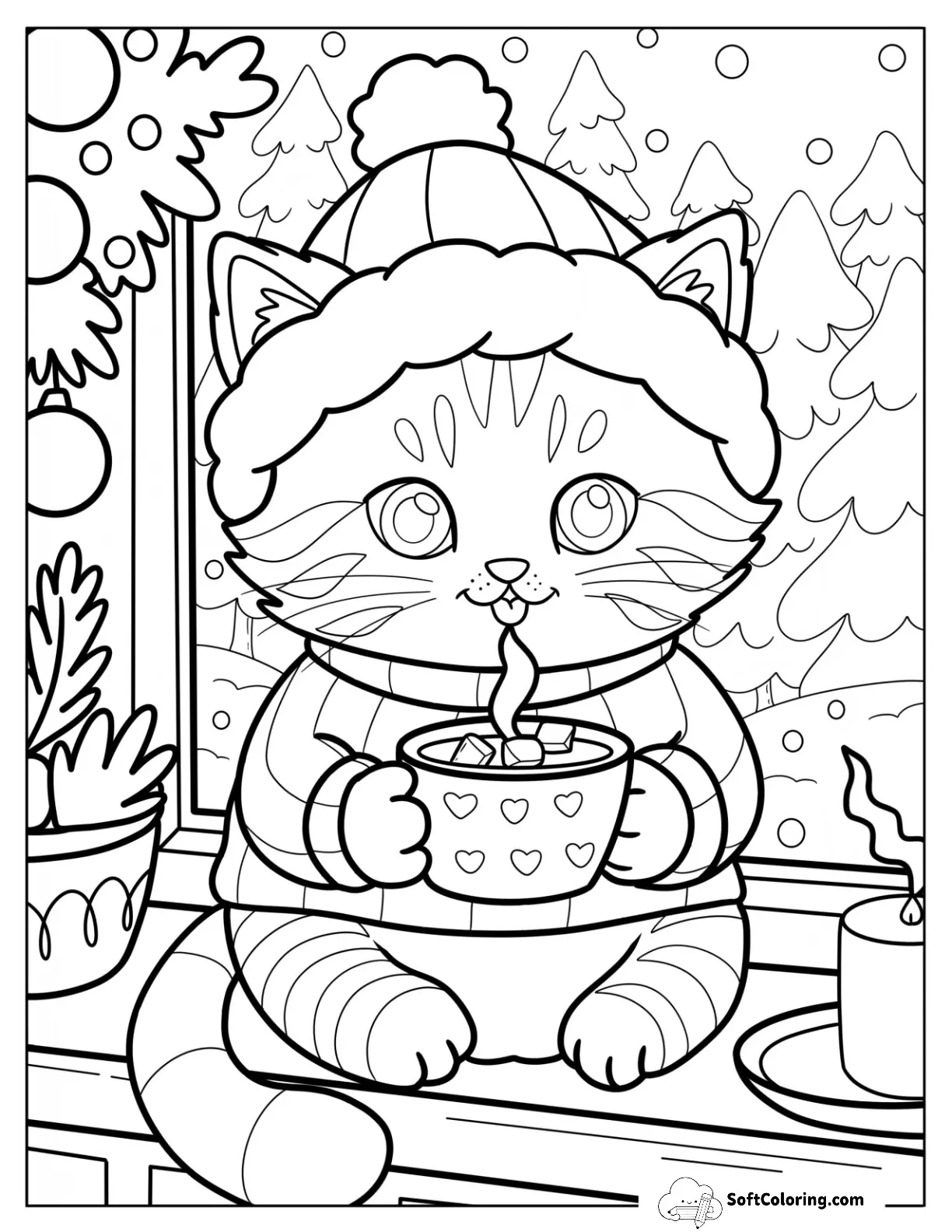 Christmas Cat In Cozy Sweater Sipping Hot Cocoa By The Window