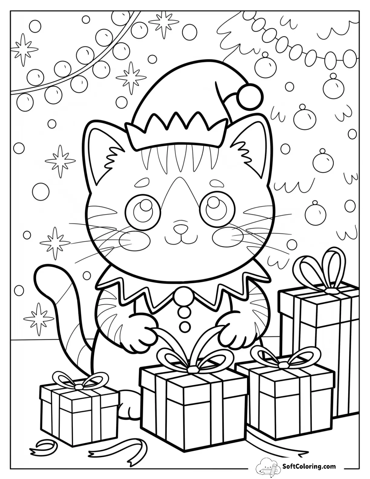 Christmas Cat In Elf Hat Surrounded By Holiday Gifts For Kids