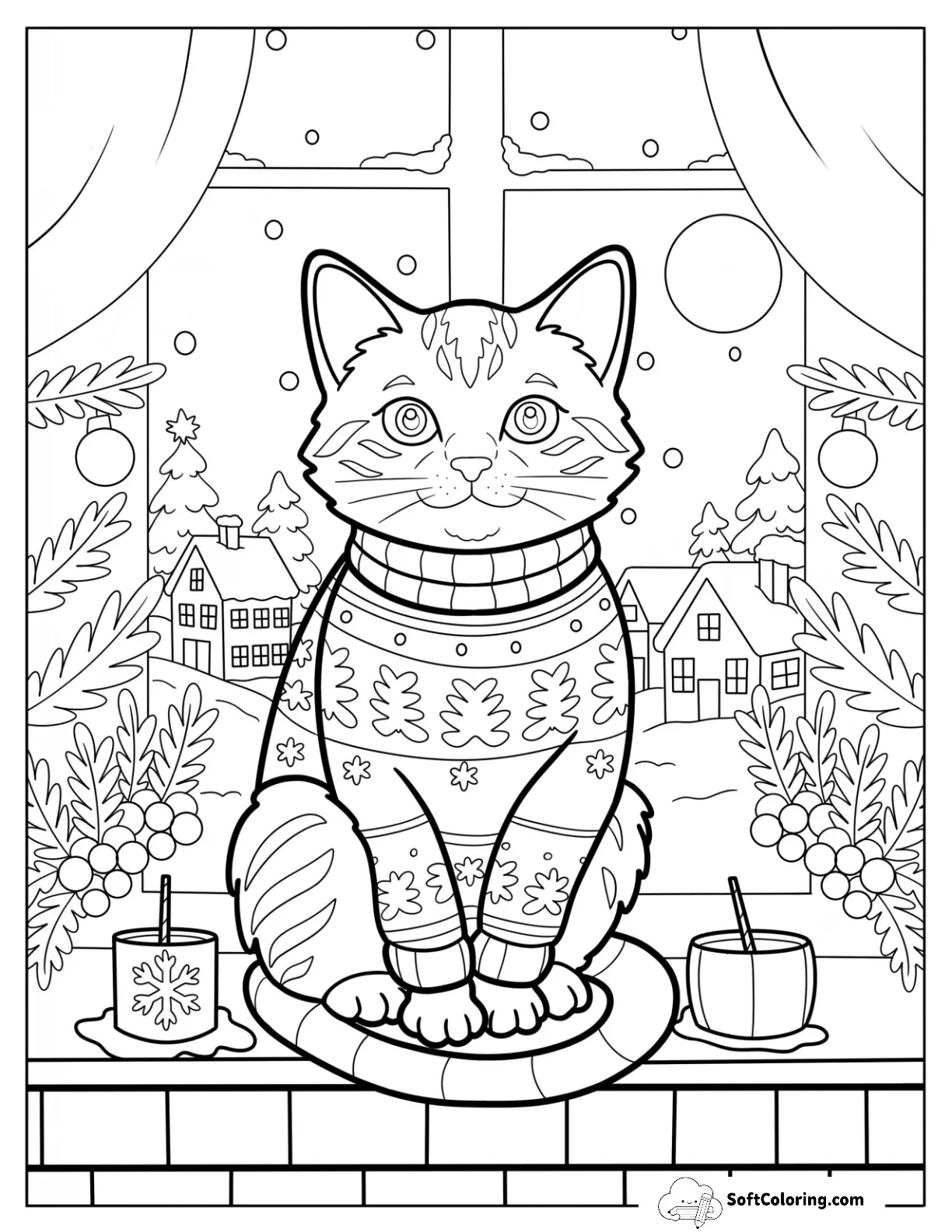 Christmas Cat In Holiday Sweater Sitting By Snowy Window
