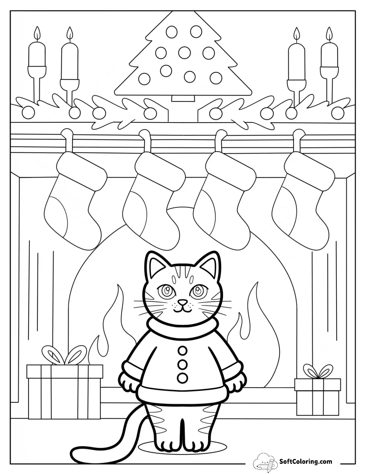 Christmas Cat In Sweater Standing By Fireplace With Stockings