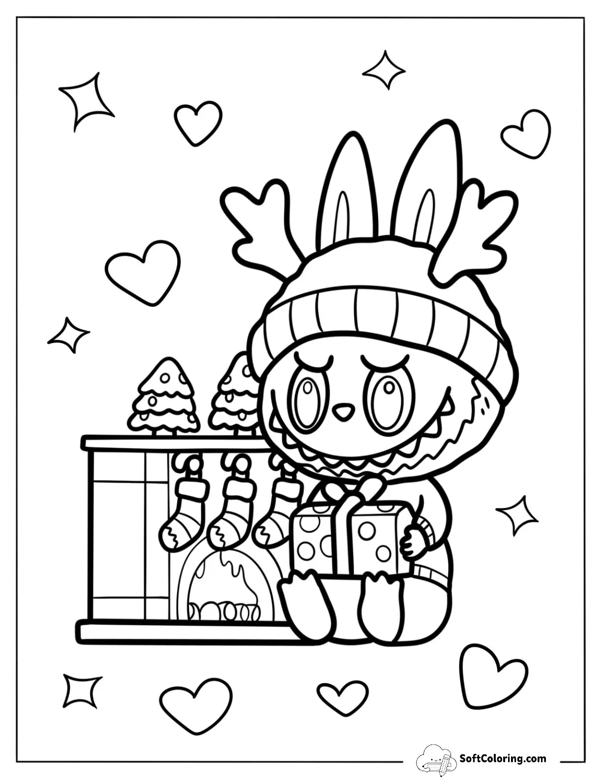 Christmas Labubu Coloring Page Holding A Present Beside A Fireplace