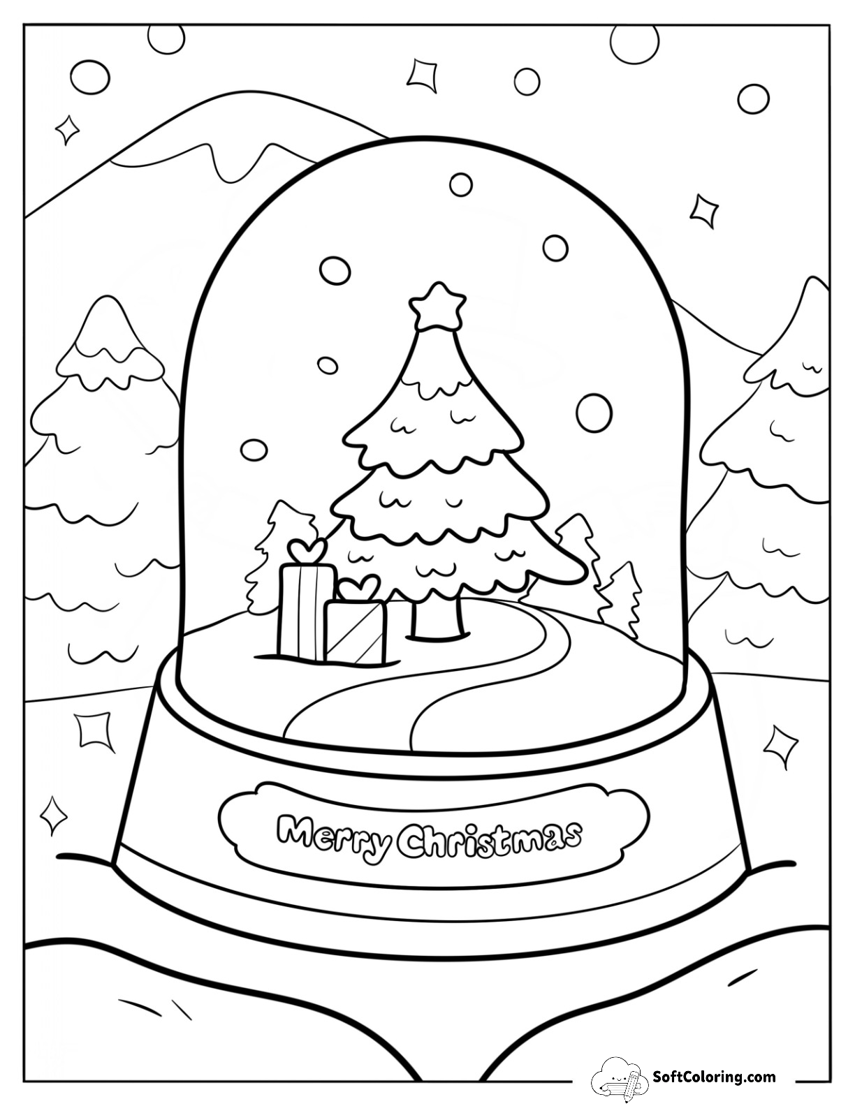 Christmas Tree With Presents Snow Globe Coloring Page