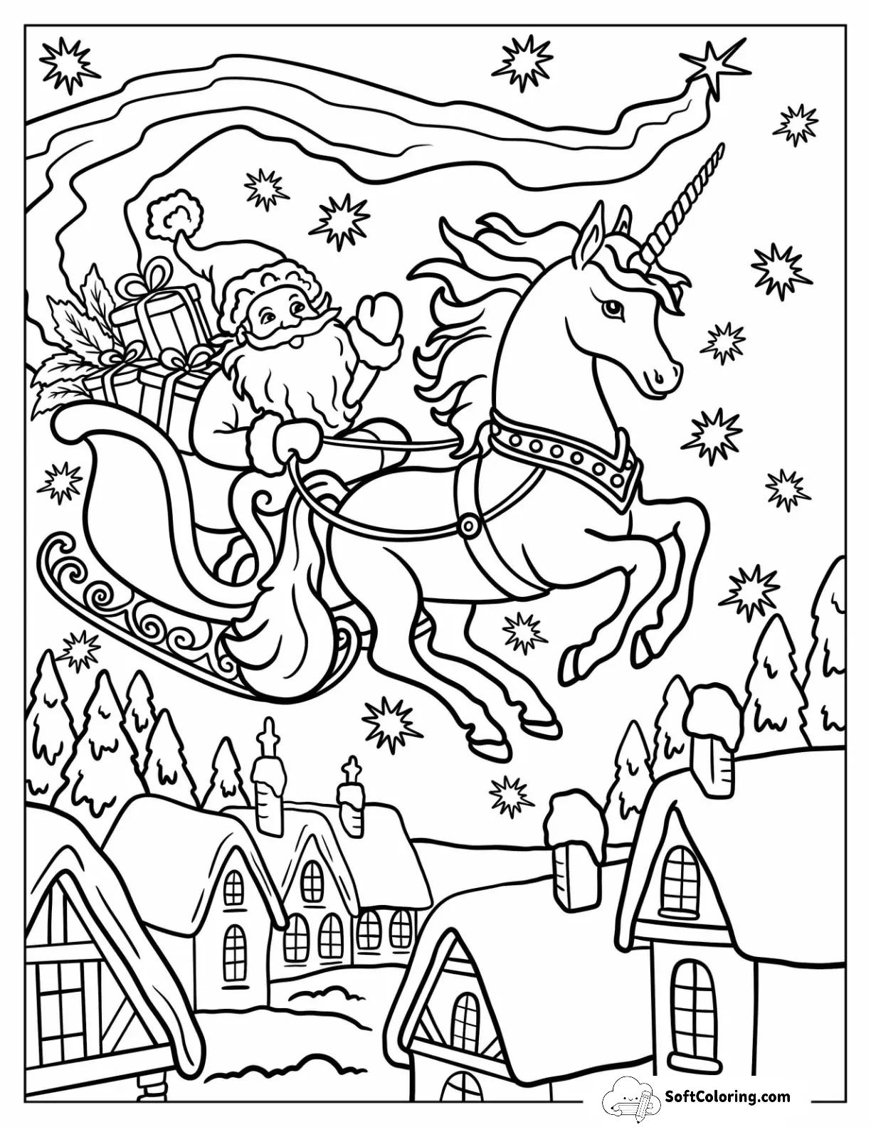Christmas Unicorn Pulling Santa S Sleigh Over A Winter Town
