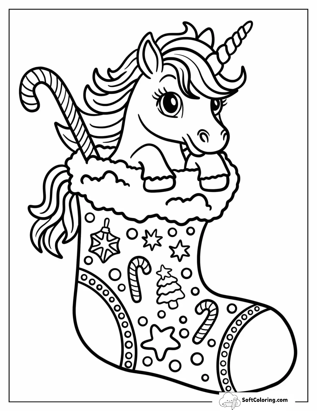 Christmas Unicorn In A Stocking With Candy Canes And Decor