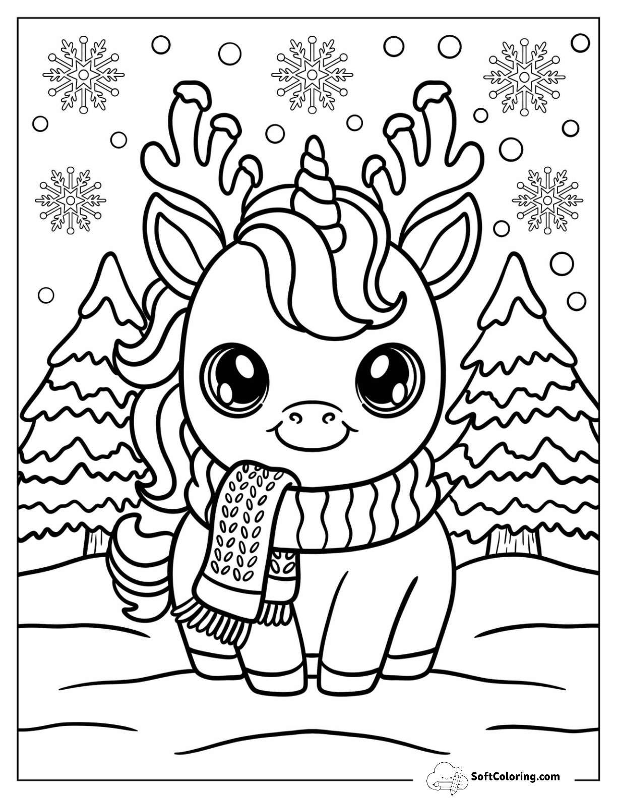 Christmas Unicorn With A Scarf In A Winter Forest
