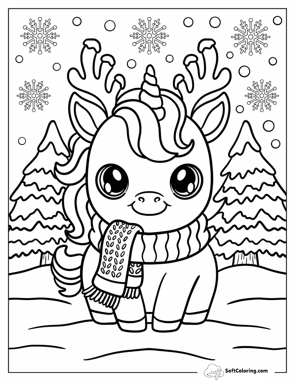 Christmas Unicorn With A Scarf In A Winter Forest