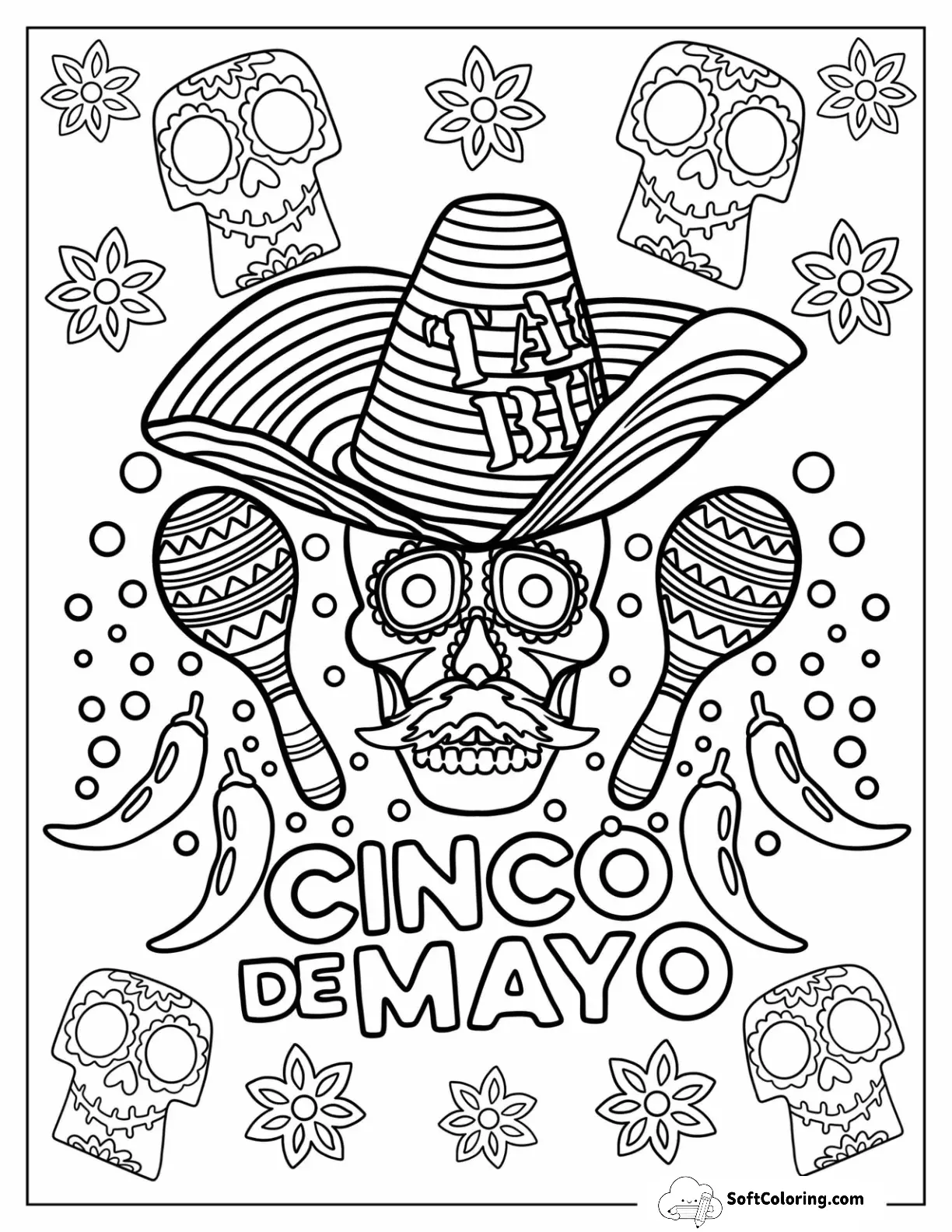 Cinco De Mayo Coloring Page Of Sugar Skull Wearing Sombrero