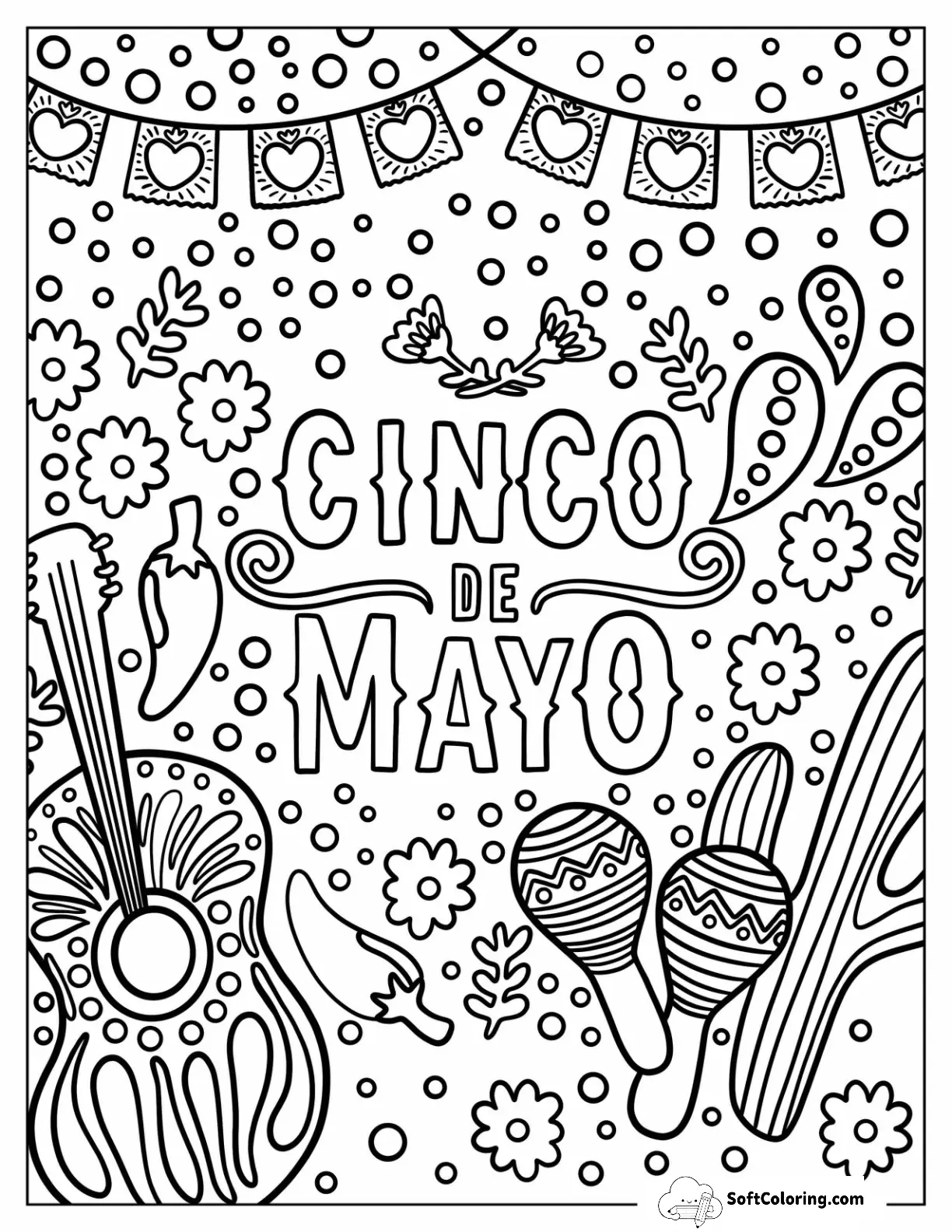 Cinco De Mayo With Maracas, Guitar, Banners, And Cactus