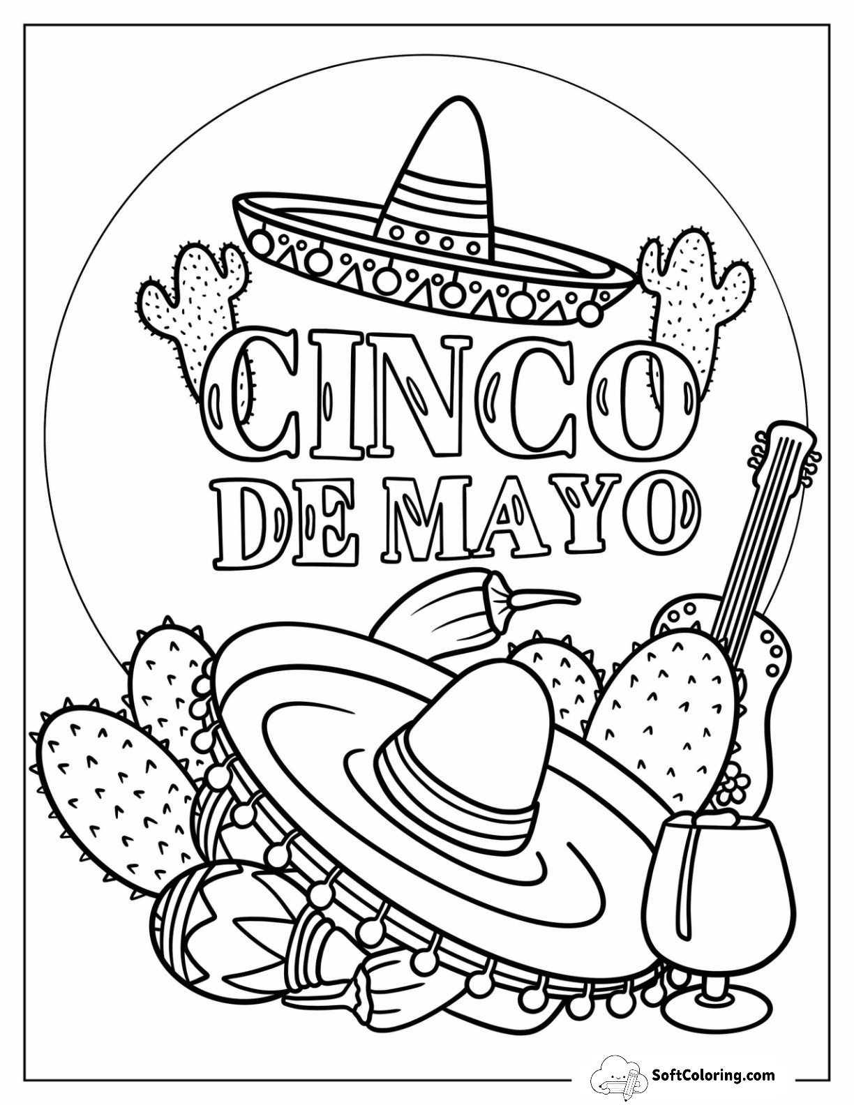 Cinco De Mayo With Sombrero, Cactus, Jalapeño, And Guitar