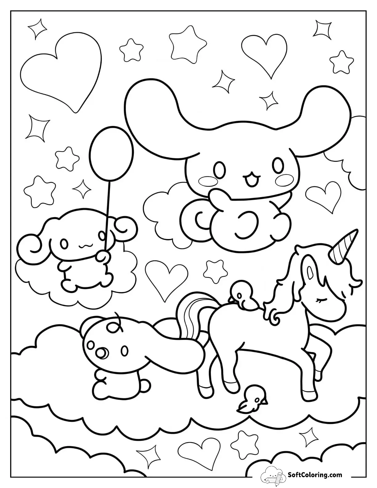 Cinnamoroll Coloring Page Of Cinnamon With Milky And Espresso In The Clouds