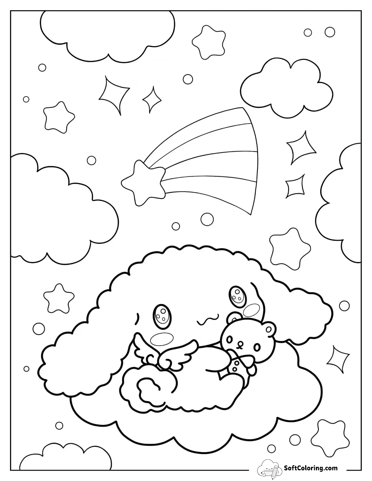 Cinnamoroll Coloring Page Of Cinnamon With Wings In Sky