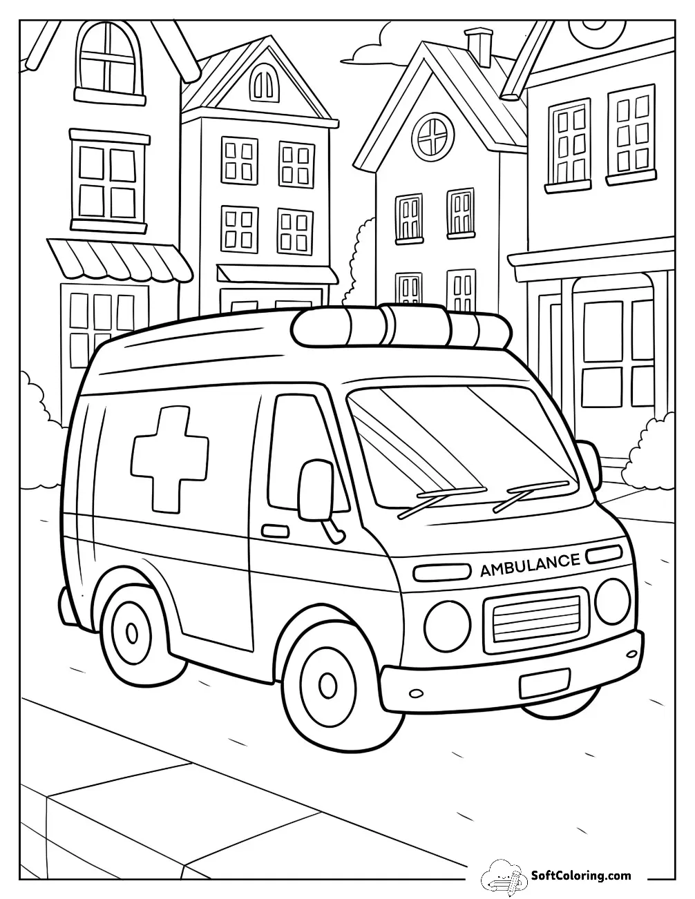 Classic City Ambulance Driving Through A Charming Neighborhood For Kids