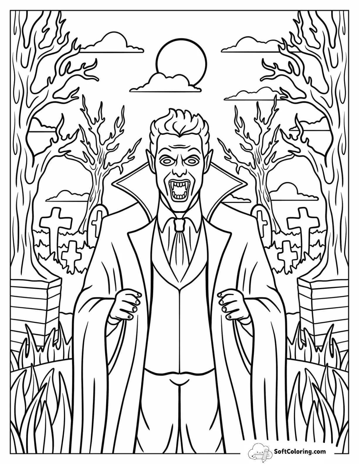 Classic Vampire With Fangs In Creepy Graveyard