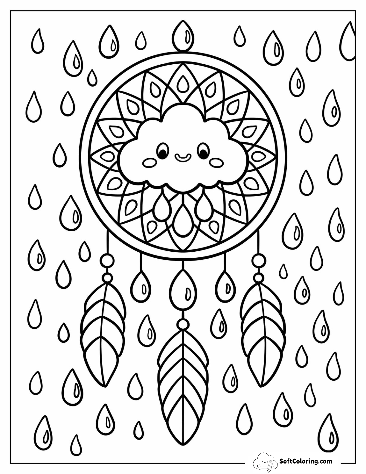 Cloud Dreamcatcher Surrounded By Raindrops And Decorative Patterns