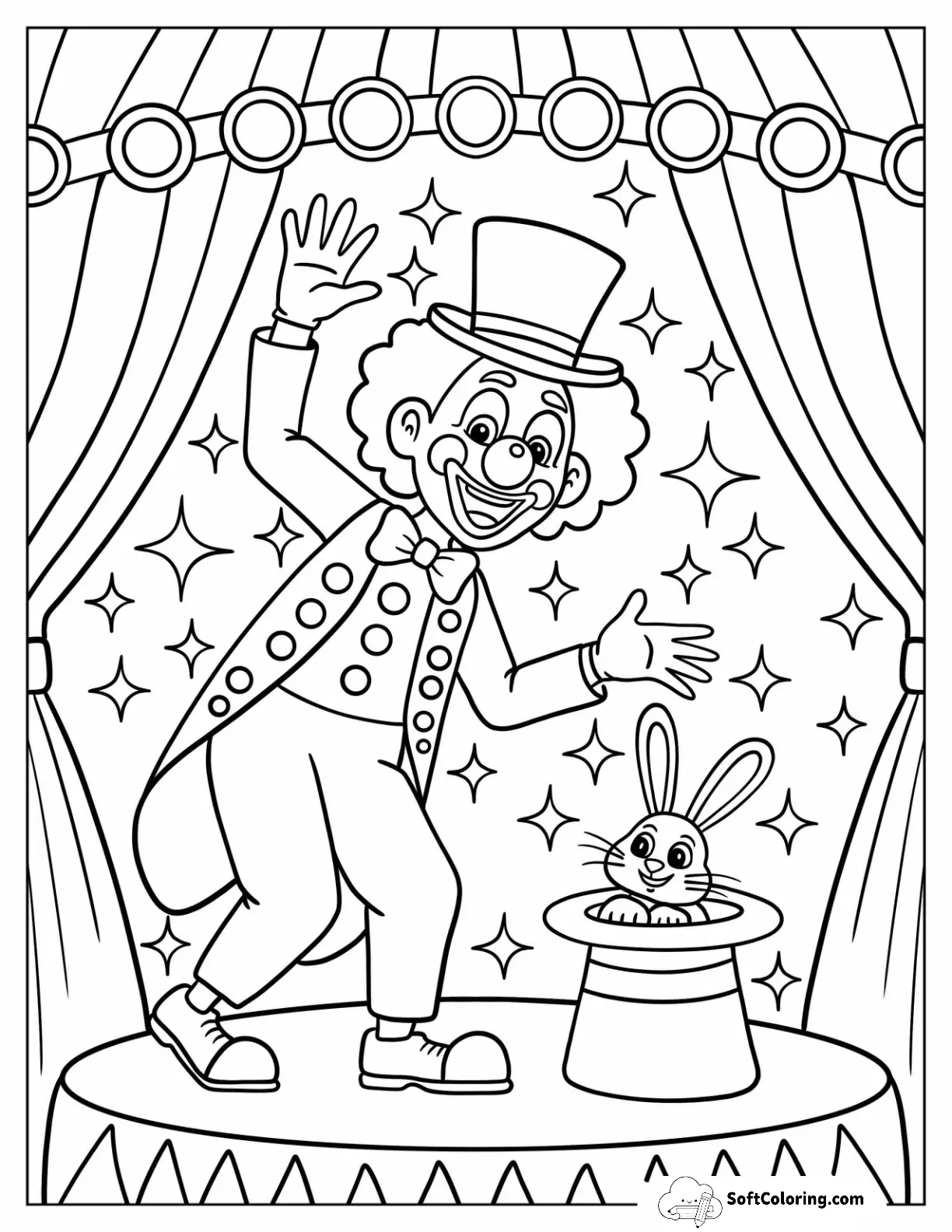 Clown Coloring Page On Stage With A Rabbit In A Hat