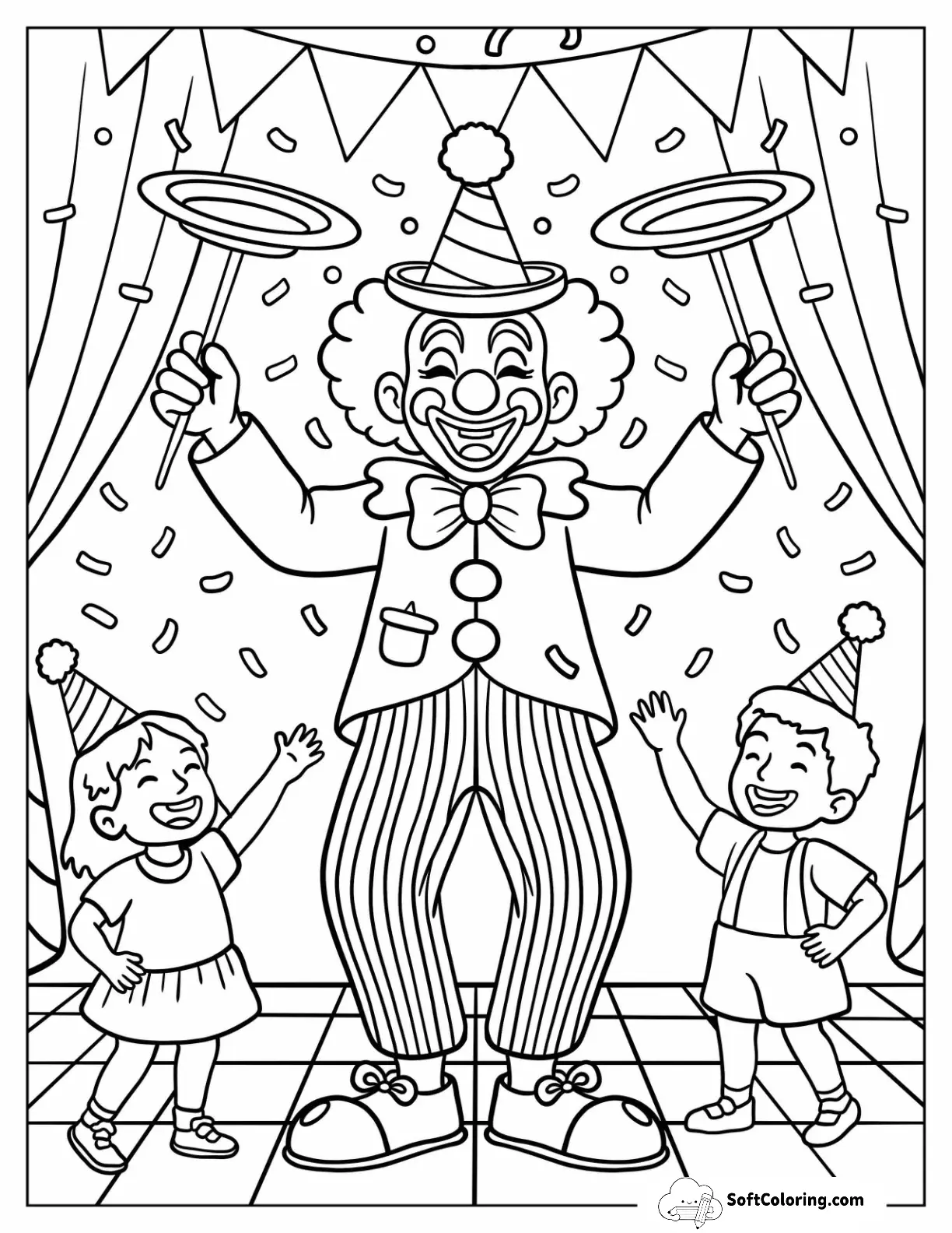 Clown Coloring Page Performing Tricks To Make Children Laugh Coloring