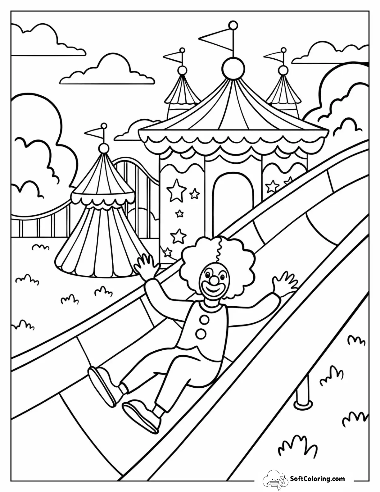 Clown Coloring Page Sliding Down A Massive Slide