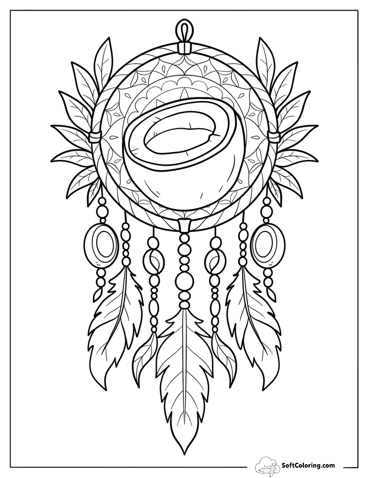 Coconut Dreamcatcher With Feathers, Beads, And Leaves Coloring Page