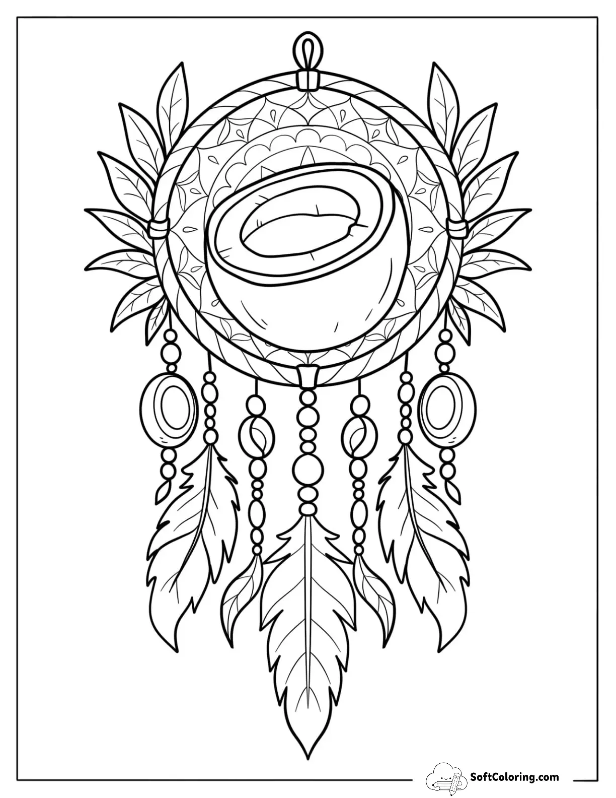 Coconut Dreamcatcher With Feathers, Beads, And Leaves Coloring Page