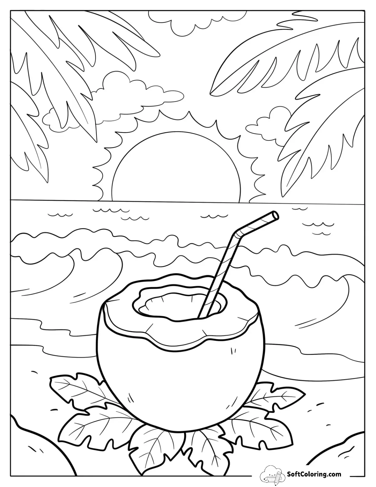 Coconut Drink On Beach With Sunset And Ocean Waves