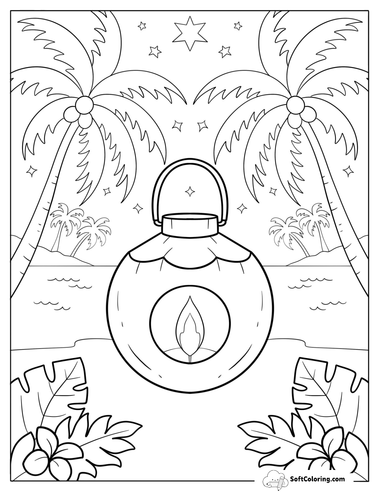 Coconut Lantern On Tropical Beach Coloring Page