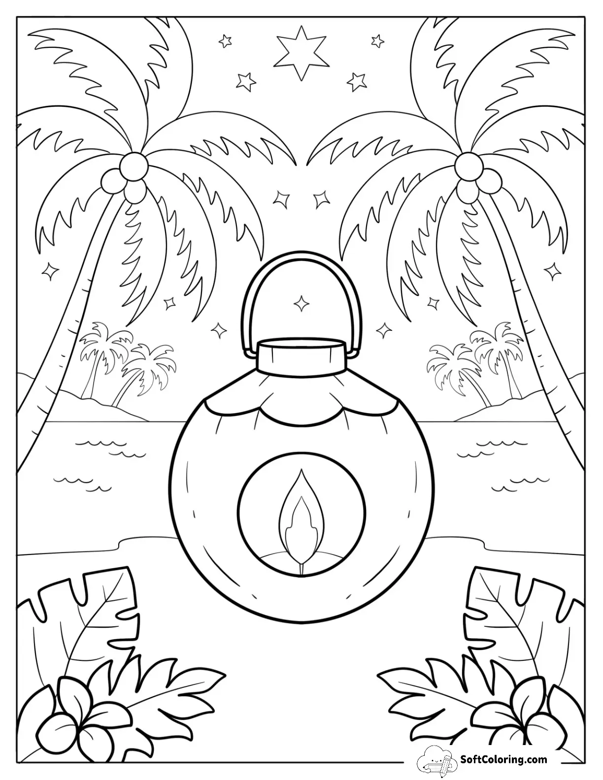 Coconut Lantern On Tropical Beach Coloring Page