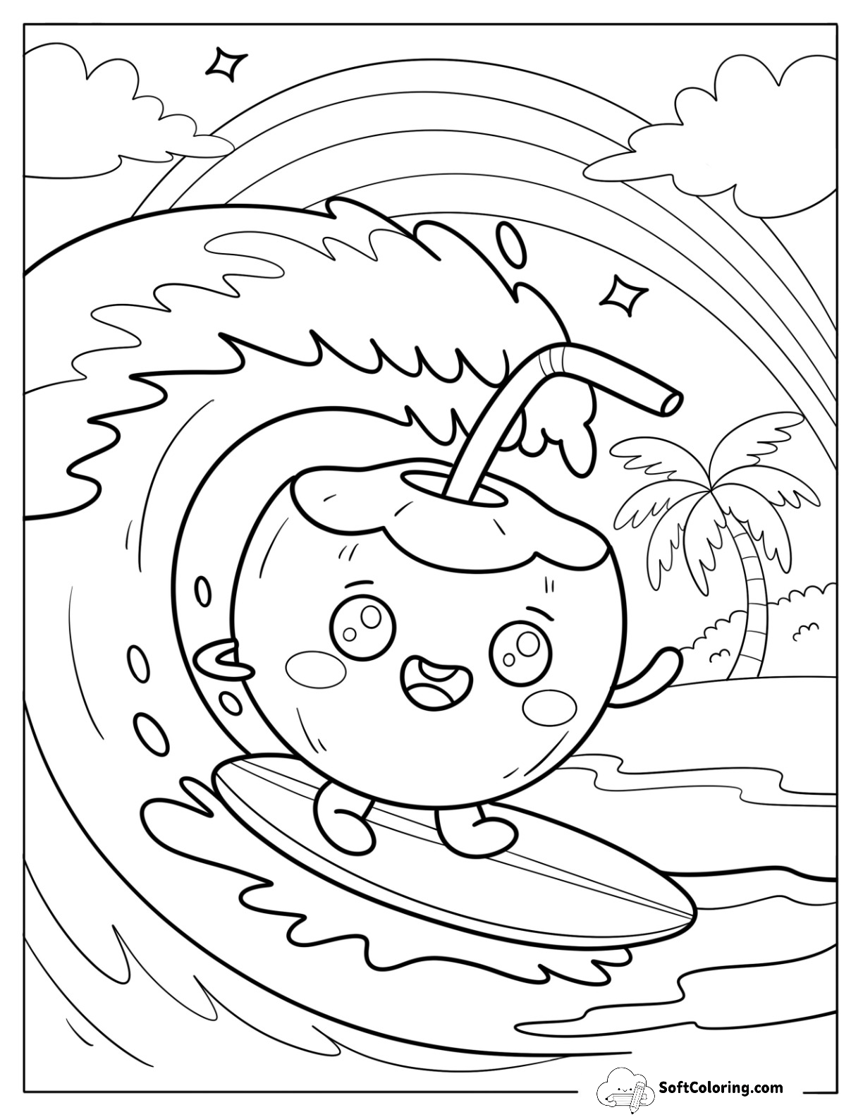 Coconut Surfer Riding A Tall Wave Coloring Page For Kids