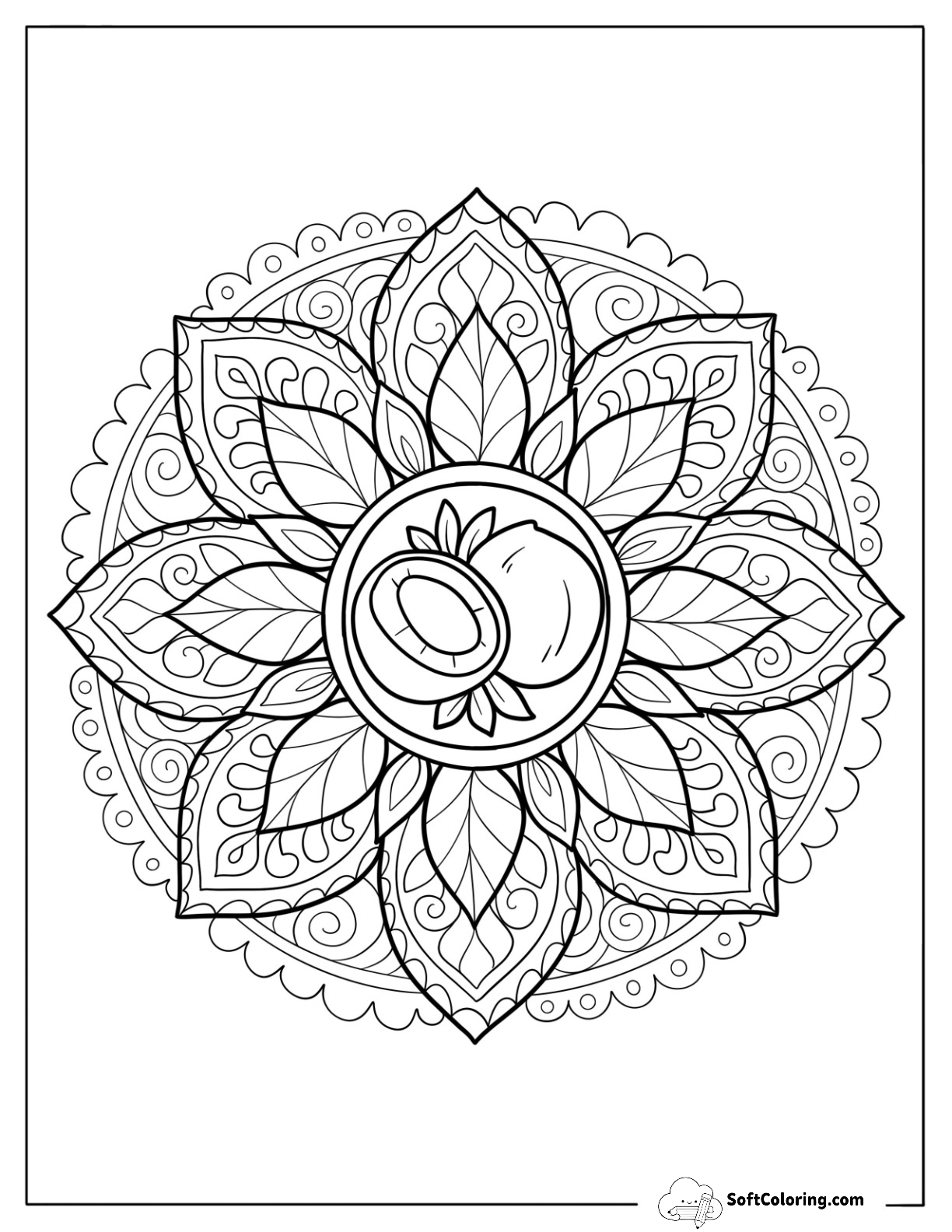 Coconut Themed Mandala With Tropical Leaves And Swirling Petals