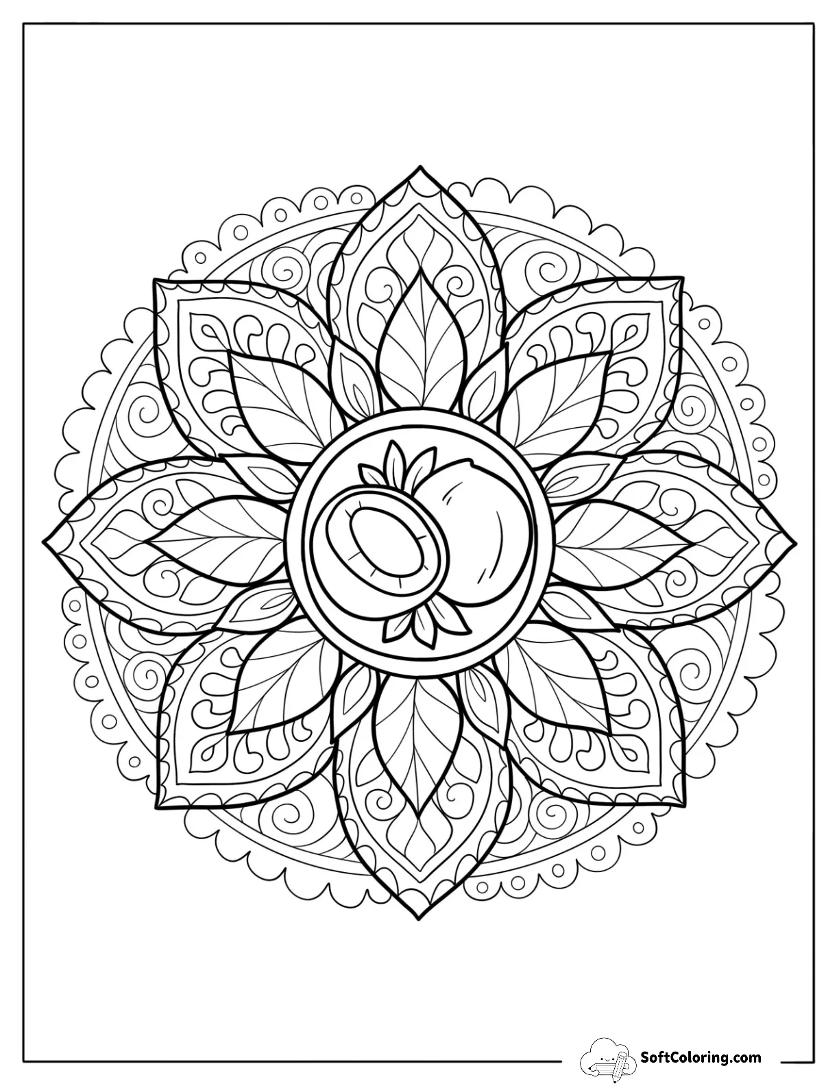 Coconut Themed Mandala With Tropical Leaves And Swirling Petals