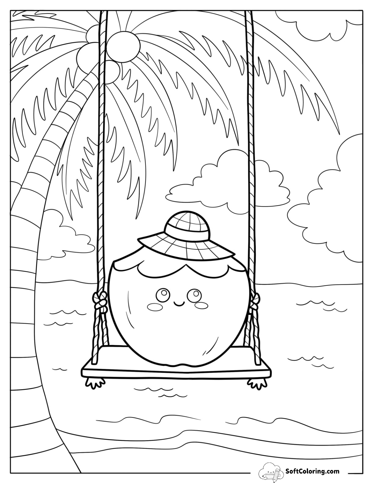 Coconut With Straw Hat On A Swing At The Beach Coloring Sheet