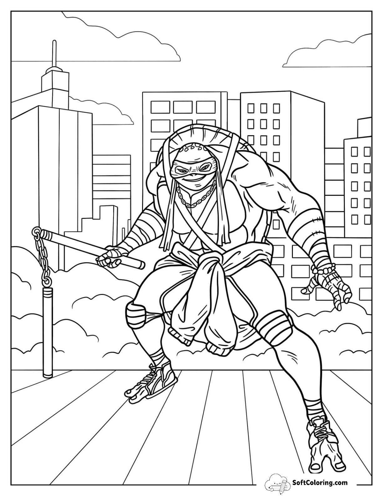 Ninja Turtles Of Michelangelo Using Nunchucks In City