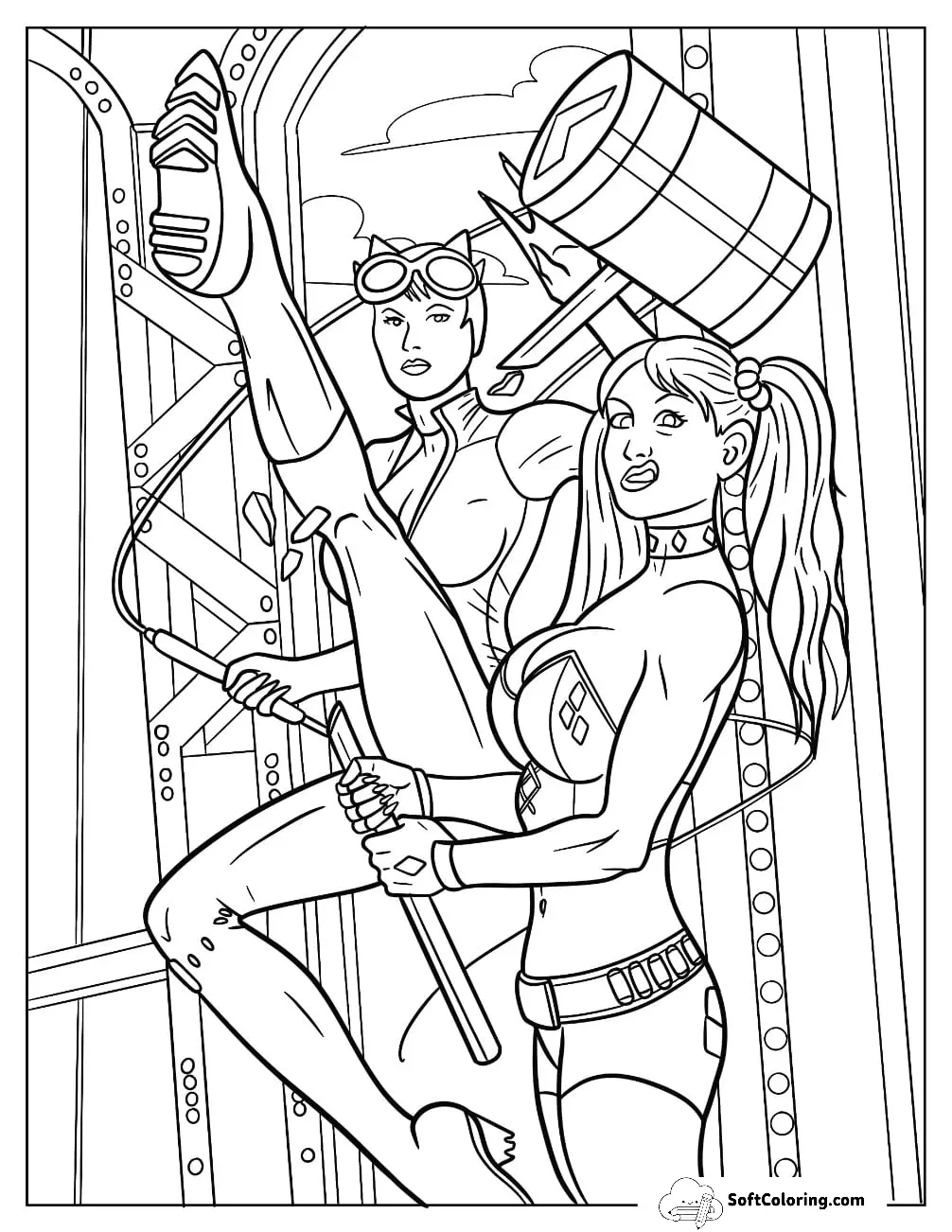 Comic Book Catwoman Coloring Page And Harley Quinn