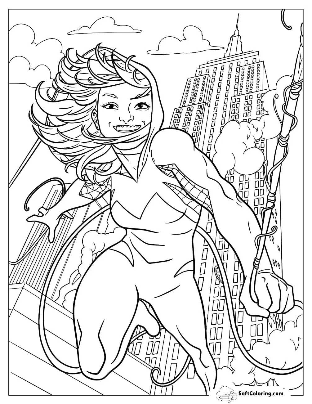 Comic Spider-Gwen Coloring Page Running In The City
