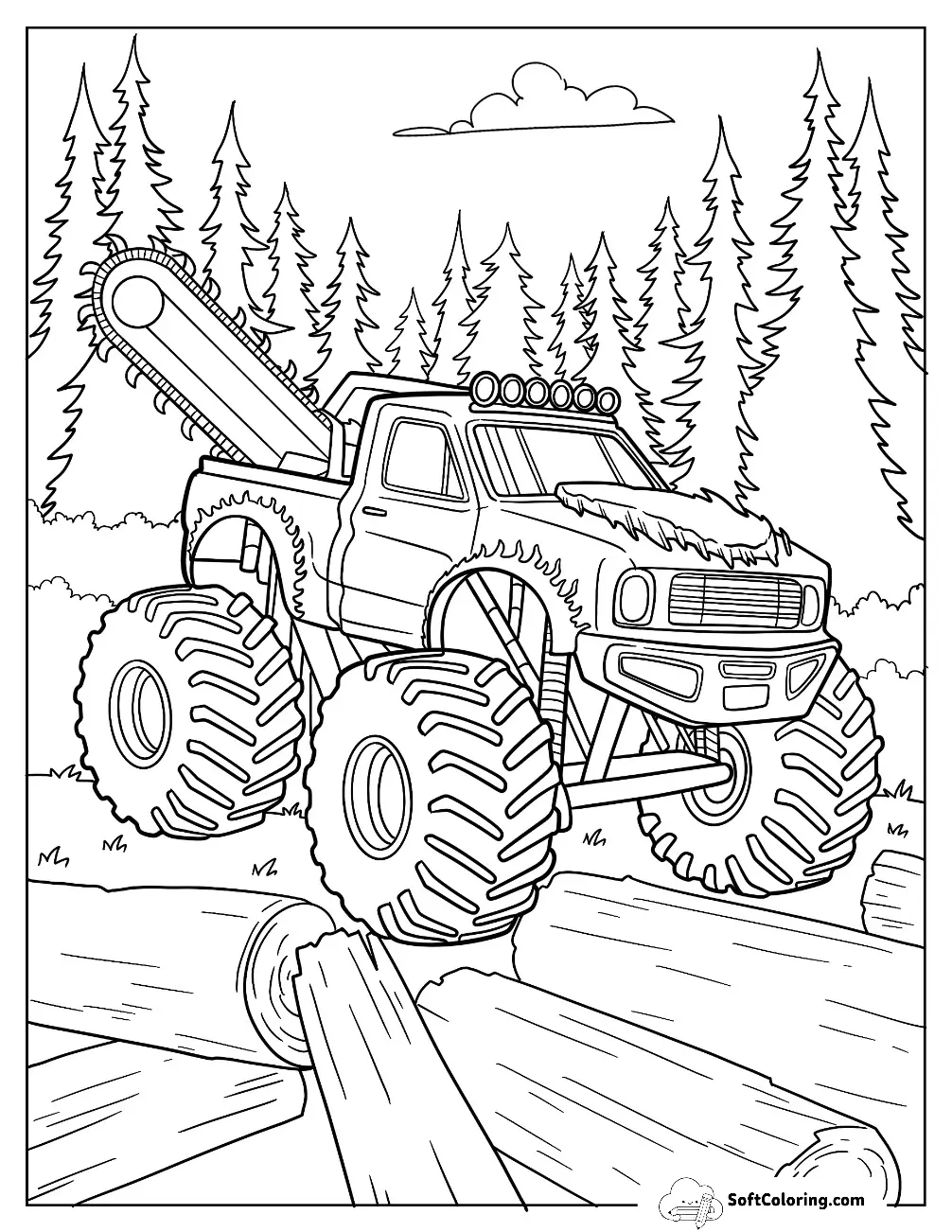 Cool Monster Truck Coloring Page With Chainsaw In The Forest
