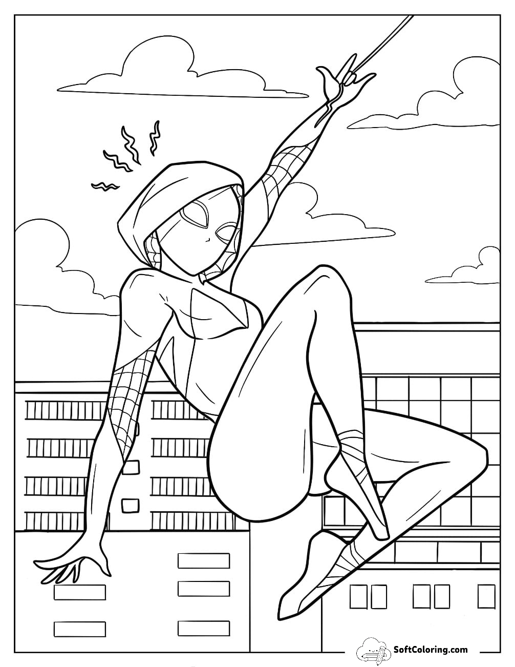 Cool Spider-Gwen Coloring Page Swinging From A Web