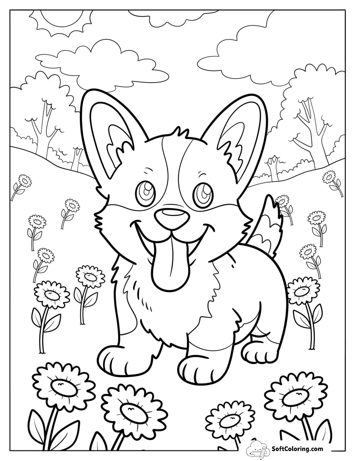 Corgi Puppy In A Daisy Field