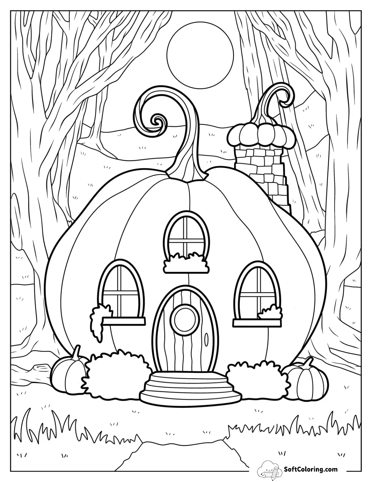 Cottagecore Pumpkin Coloring Page House In The Forest