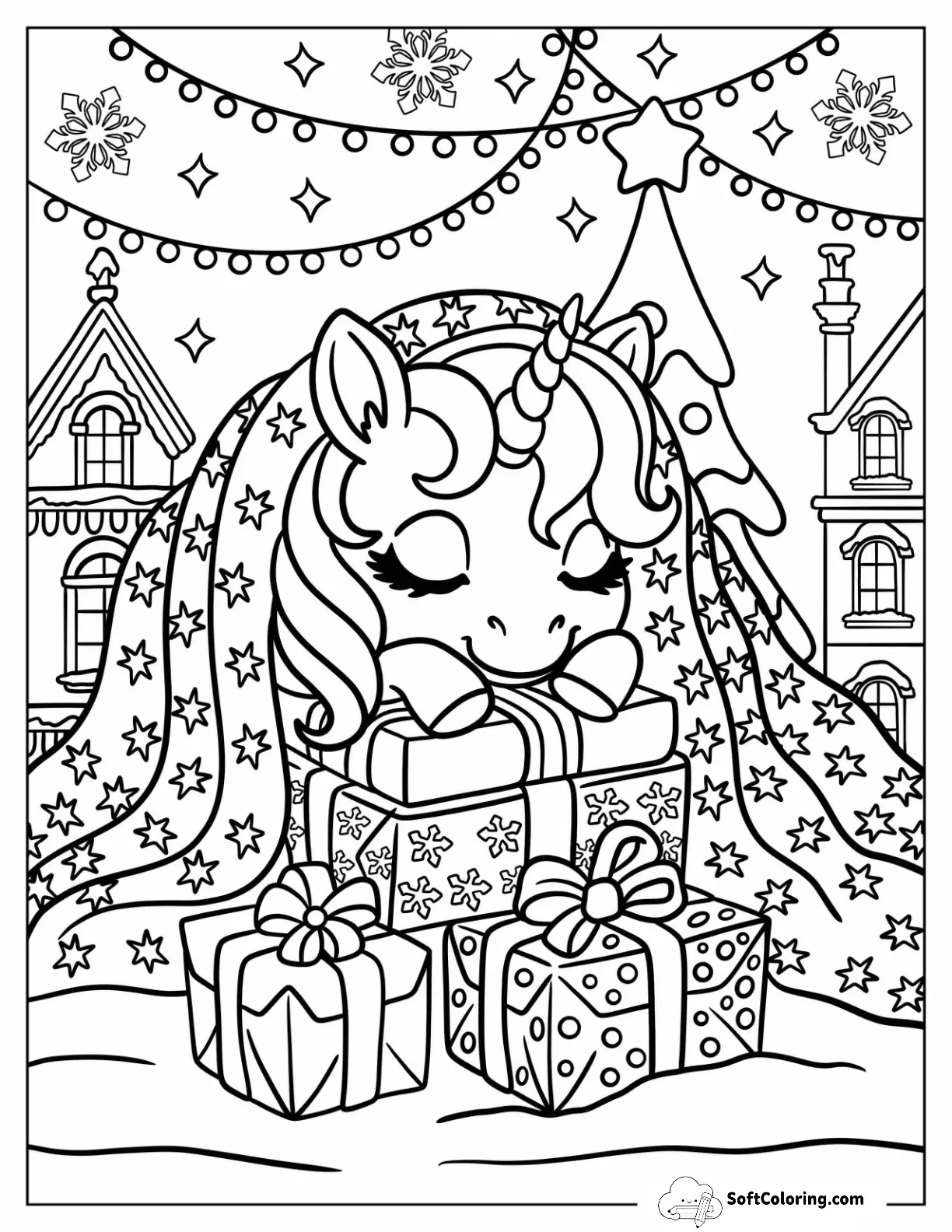 Cozy Christmas Unicorn Sleeping Under A Starry Blanket With Presents