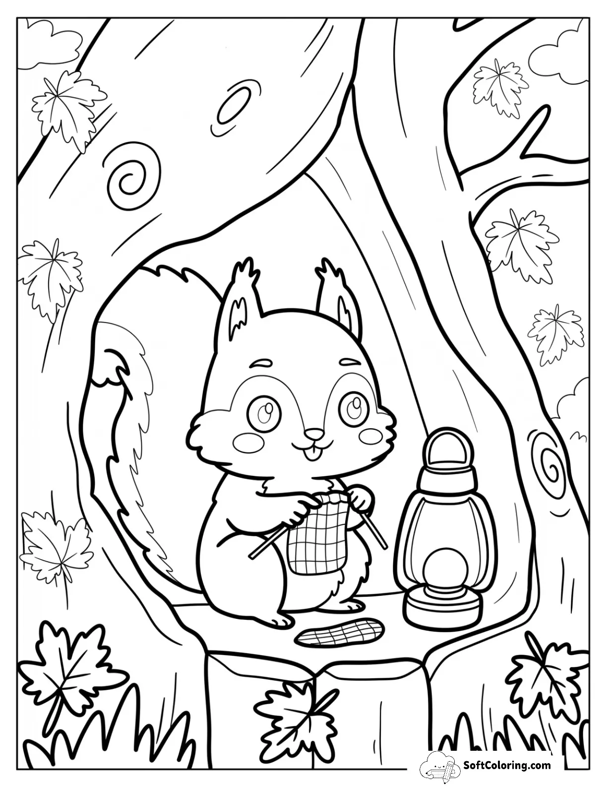 Cozy Woodland Squirrel Knitting Beside Lantern In A Hollow Tree