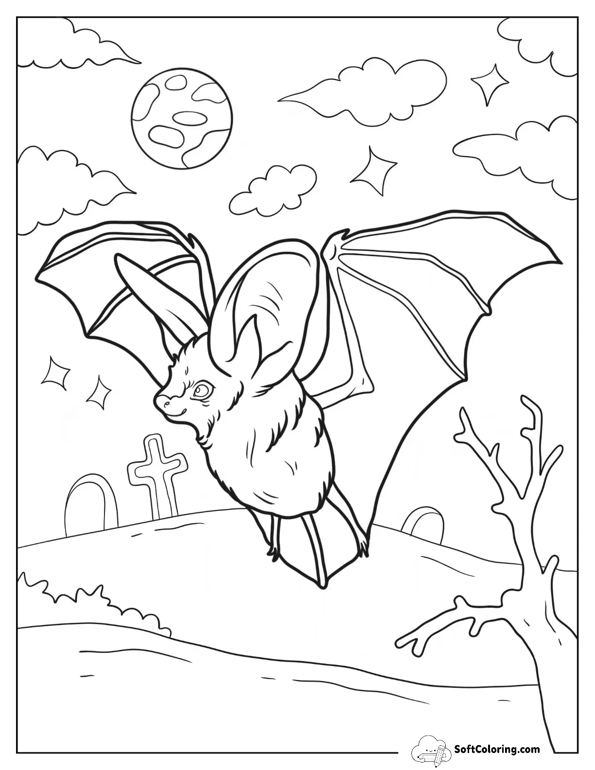 Creepy Bat Flying Over Graveyard On Halloween