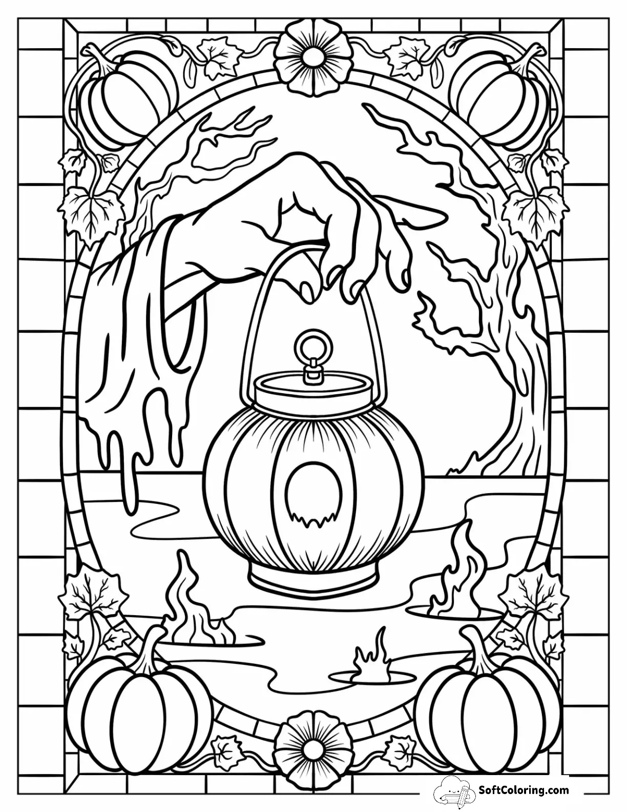 Halloween Of Creepy Hand Holding A Lantern Surrounded By Pumpkins And Flames