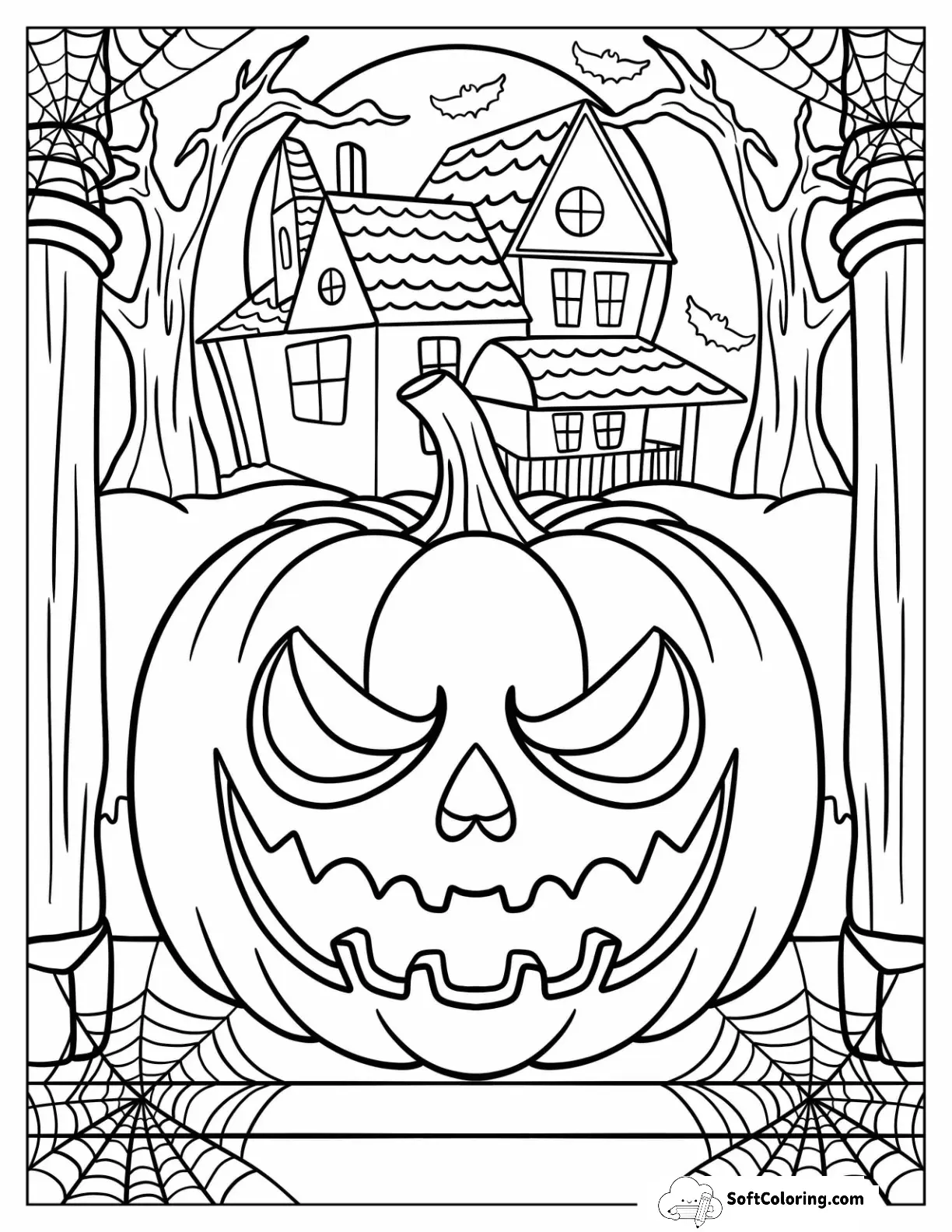 Creepy Jack-O-Lantern In Front Of Haunted House