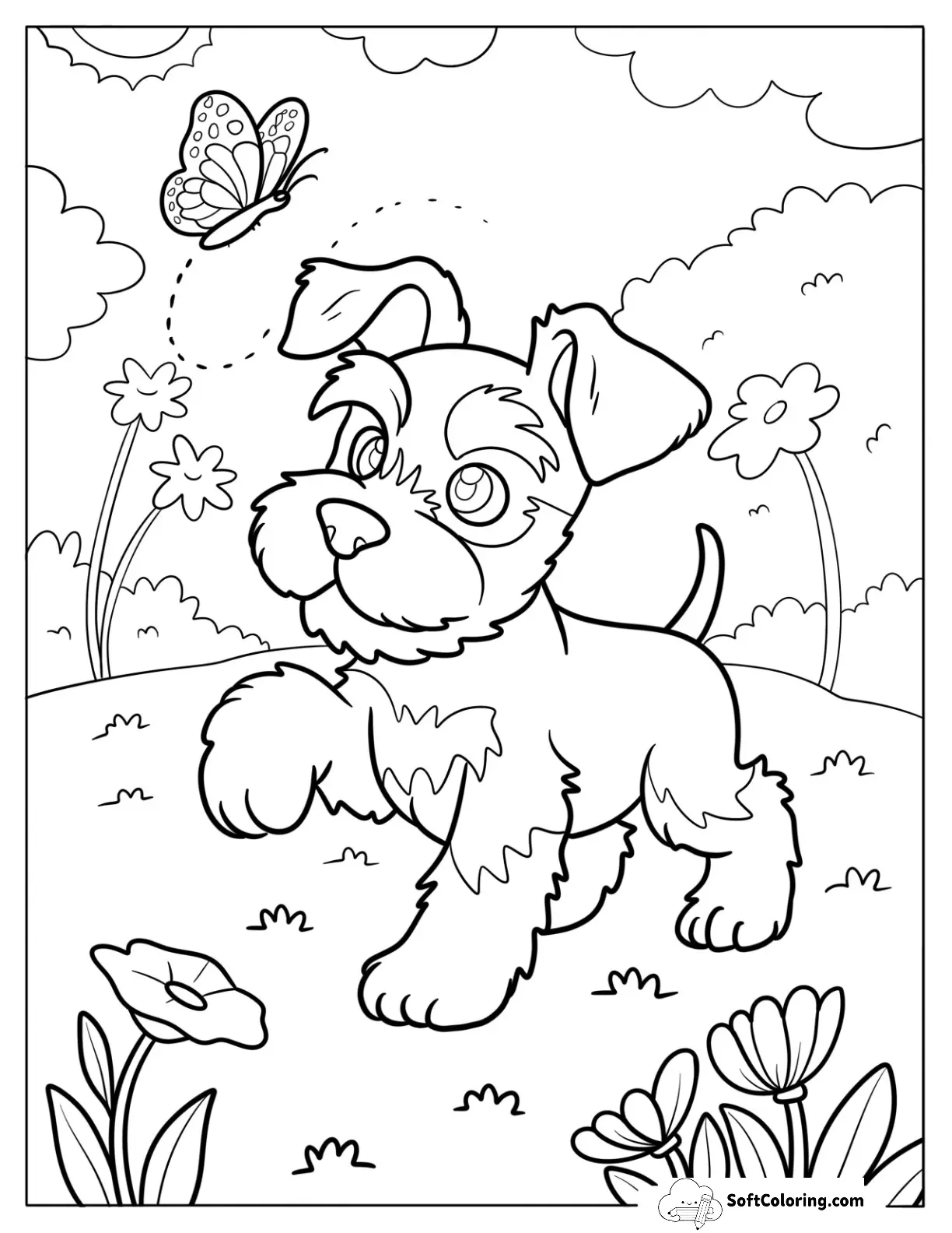Curious Schnauzer Puppy In A Flower Field Chasing A Butterfly