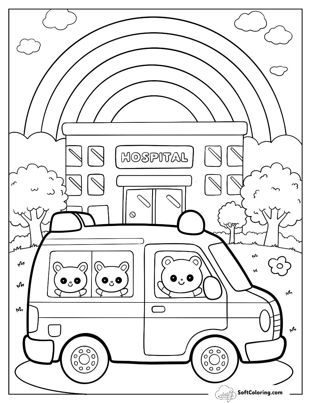 Cute Animal Ambulance In Front Of Hospital With Rainbow For Kids