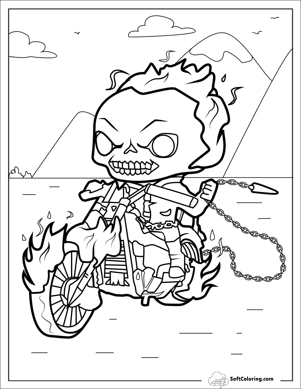 Cute Chibi Ghost Rider On A Motorcycle Holding The Hellfire Chain