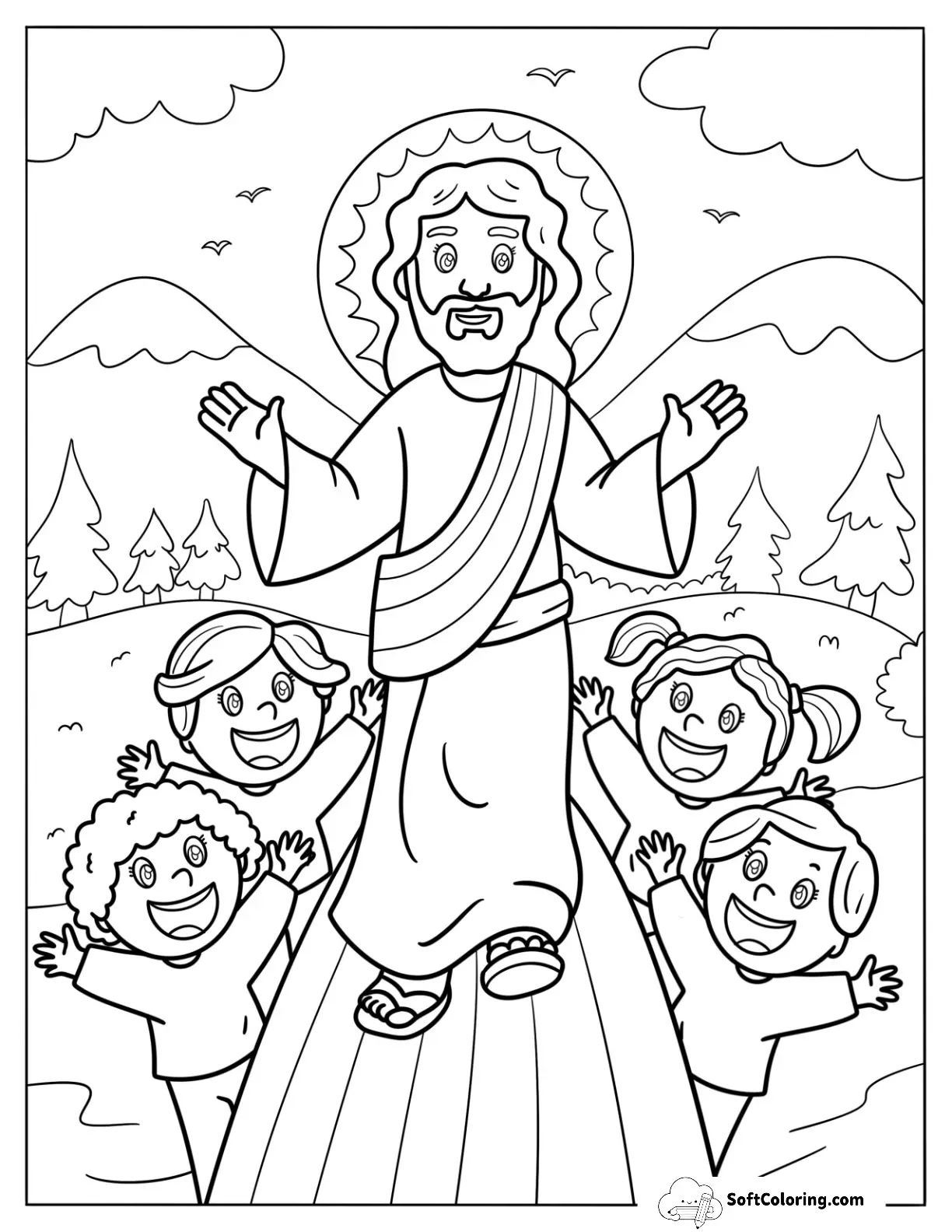 Cute Children Rejoicing Around Jesus Coloring Page