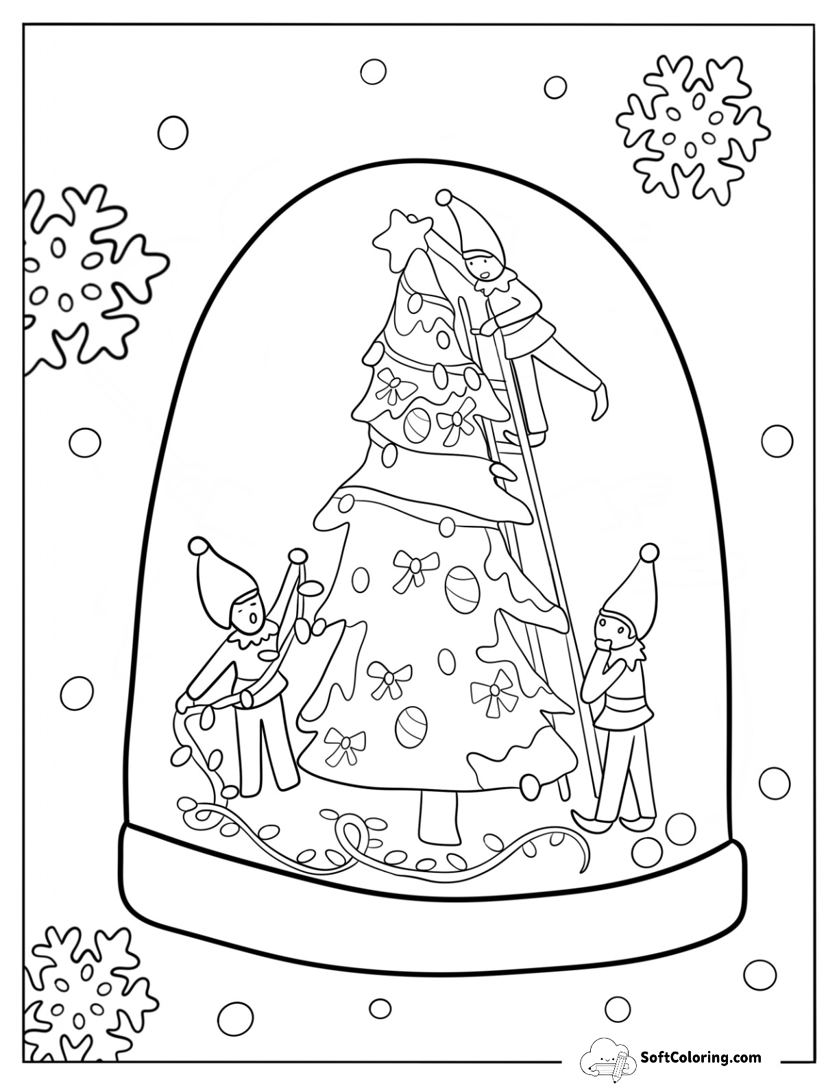 Cute Elves Decorating A Christmas Tree Snow Globe Coloring Page